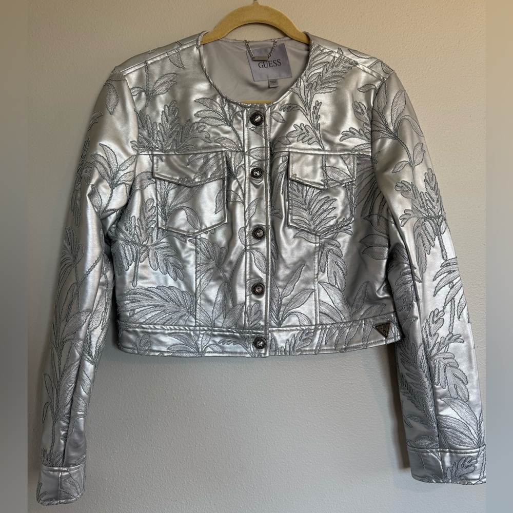 Vintage Guess Metallic Silver Leaf Pattern Jacket